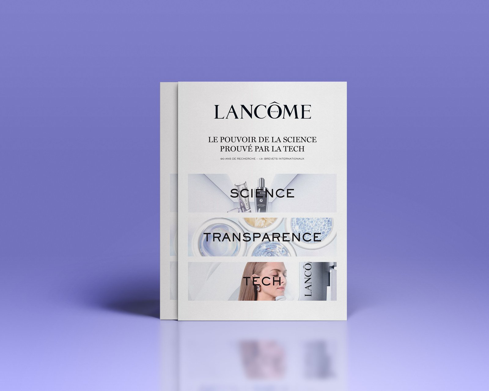 Lancôme — flyer fermé, mise en scène sur fond lavande